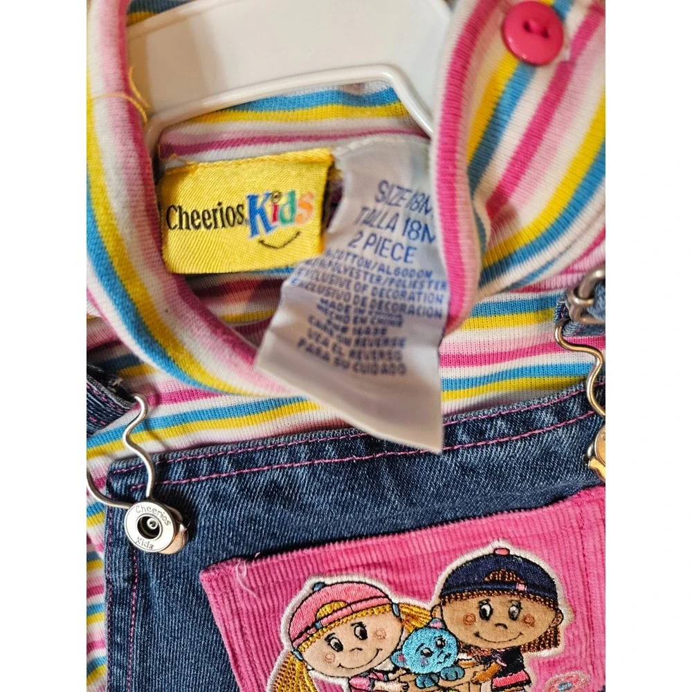 Vintage Cheerios Kids Denim Overalls Striped Turtleneck Set Pink Blue 90s Floral